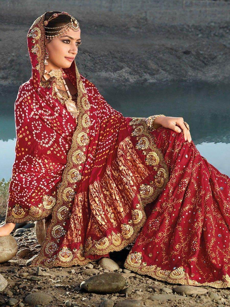 Mesmerizing Maroon Bandhani Printed Satin Wedding Wear Saree