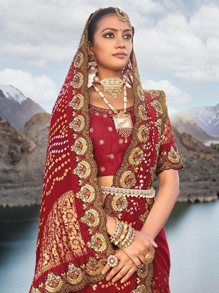 Mesmerizing Maroon Bandhani Printed Satin Wedding Wear Saree