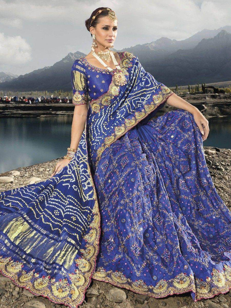 Bewitching Blue Bandhani Printed Satin Festival Wear Saree With Blouse