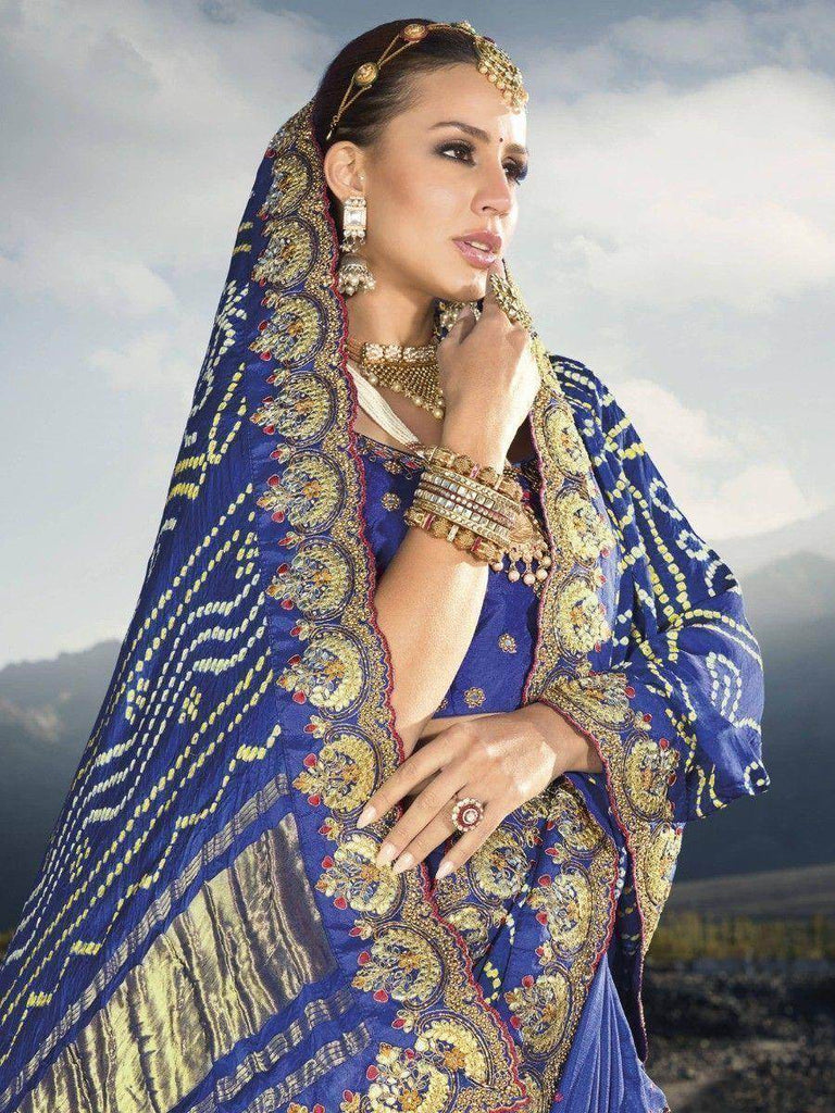 Bewitching Blue Bandhani Printed Satin Festival Wear Saree With Blouse