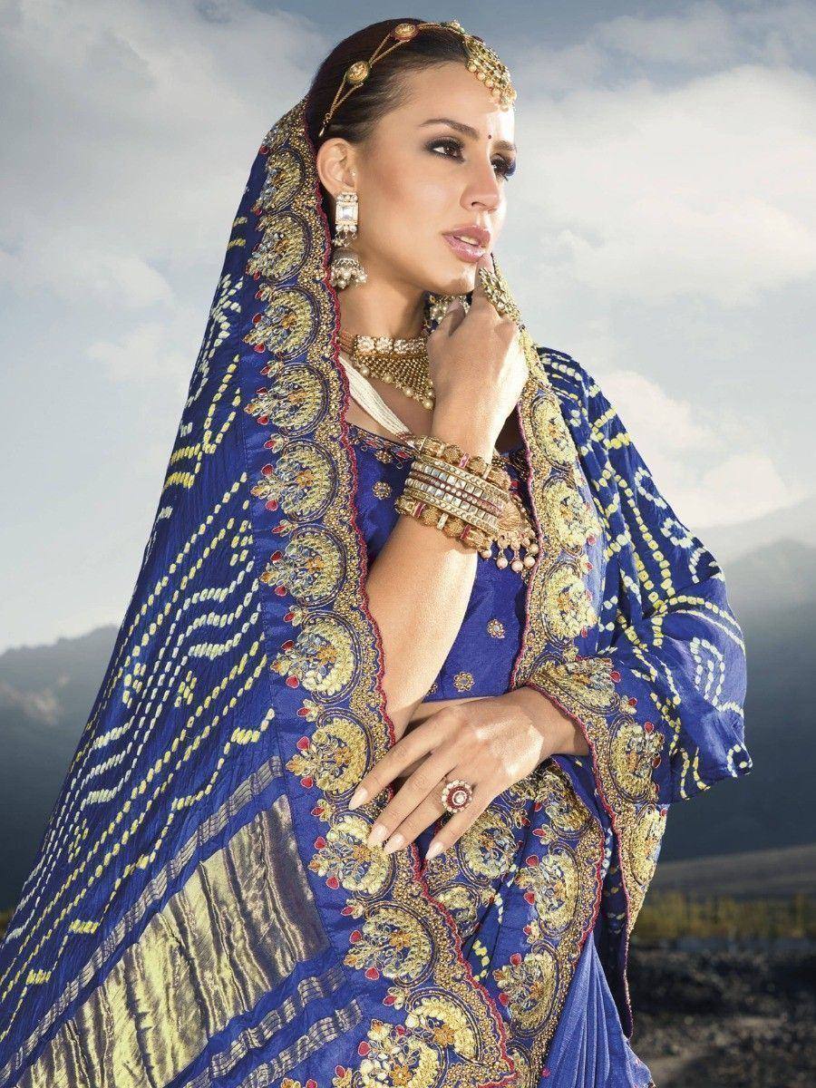 Royal blue embroidered lehenga choli with gold detailing, traditional Indian ethnic wear for weddings