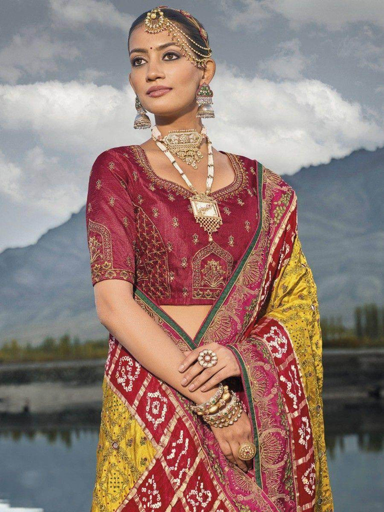 Beautiful Yellow Bandhani Printed Satin Wedding Wear Saree With Blouse