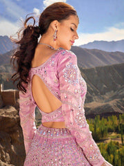 Pretty Light Pink Mirror Work Organza Engagement Wear Lehenga Choli