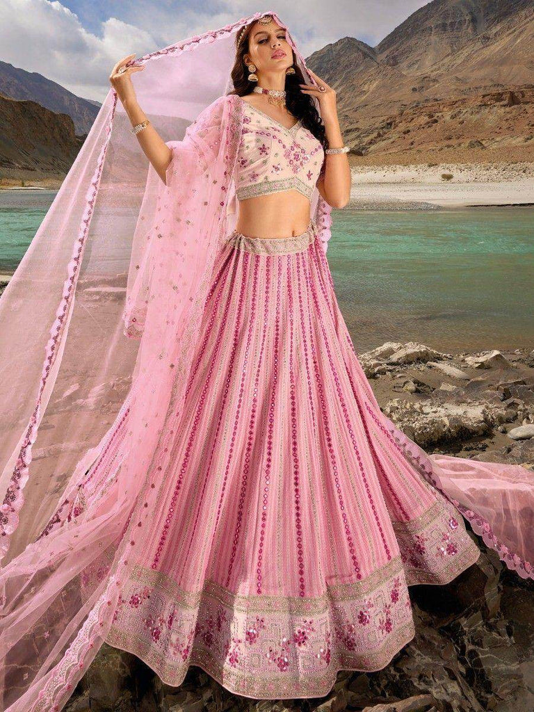 Gorgeous Baby Pink Mirror Work Georgette Wedding Lehenga Choli