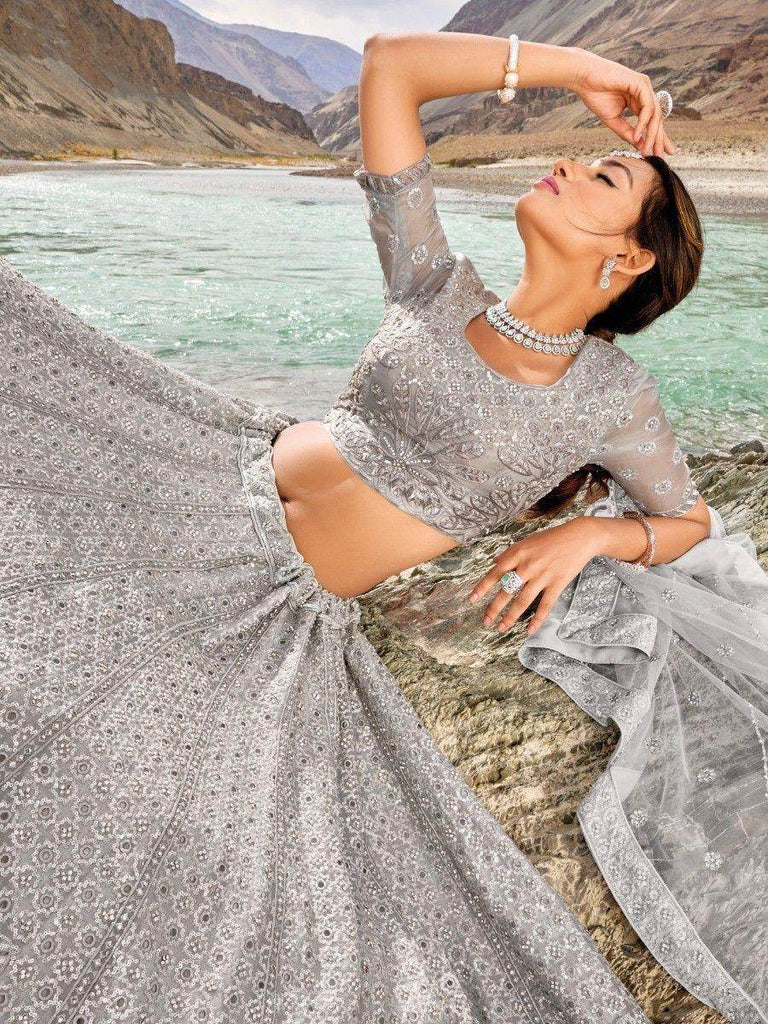 Captivating Grey Sequins Organza Reception Wear Lehenga Choli