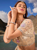 Magnetic Beige Mirror Work Net Designer Lehenga Choli With Dupatta