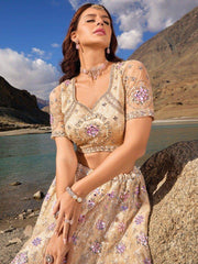 Magnetic Beige Mirror Work Net Designer Lehenga Choli With Dupatta