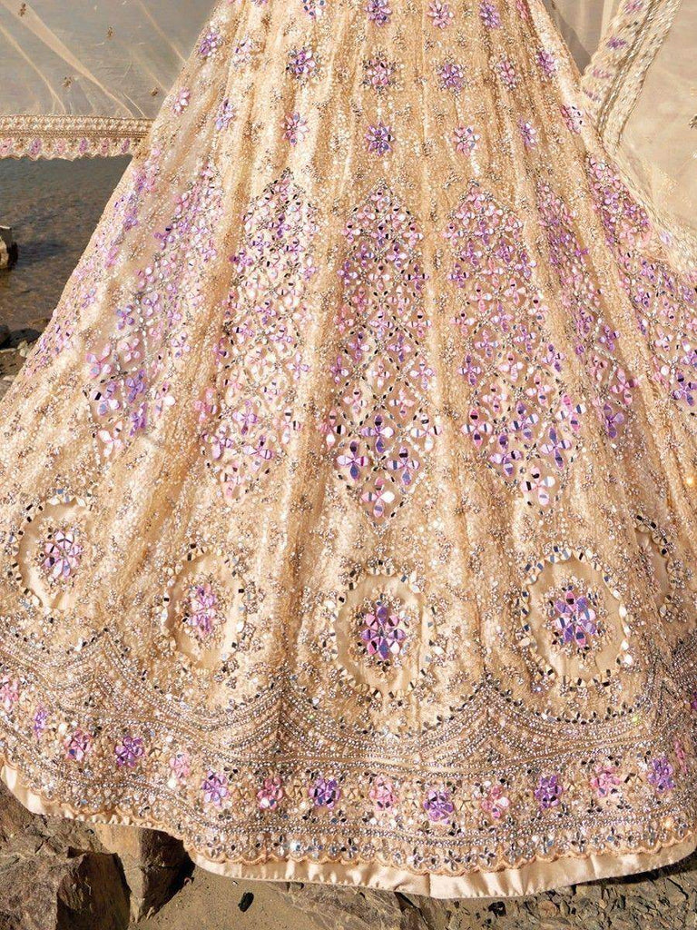 Magnetic Beige Mirror Work Net Designer Lehenga Choli With Dupatta