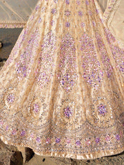Magnetic Beige Mirror Work Net Designer Lehenga Choli With Dupatta