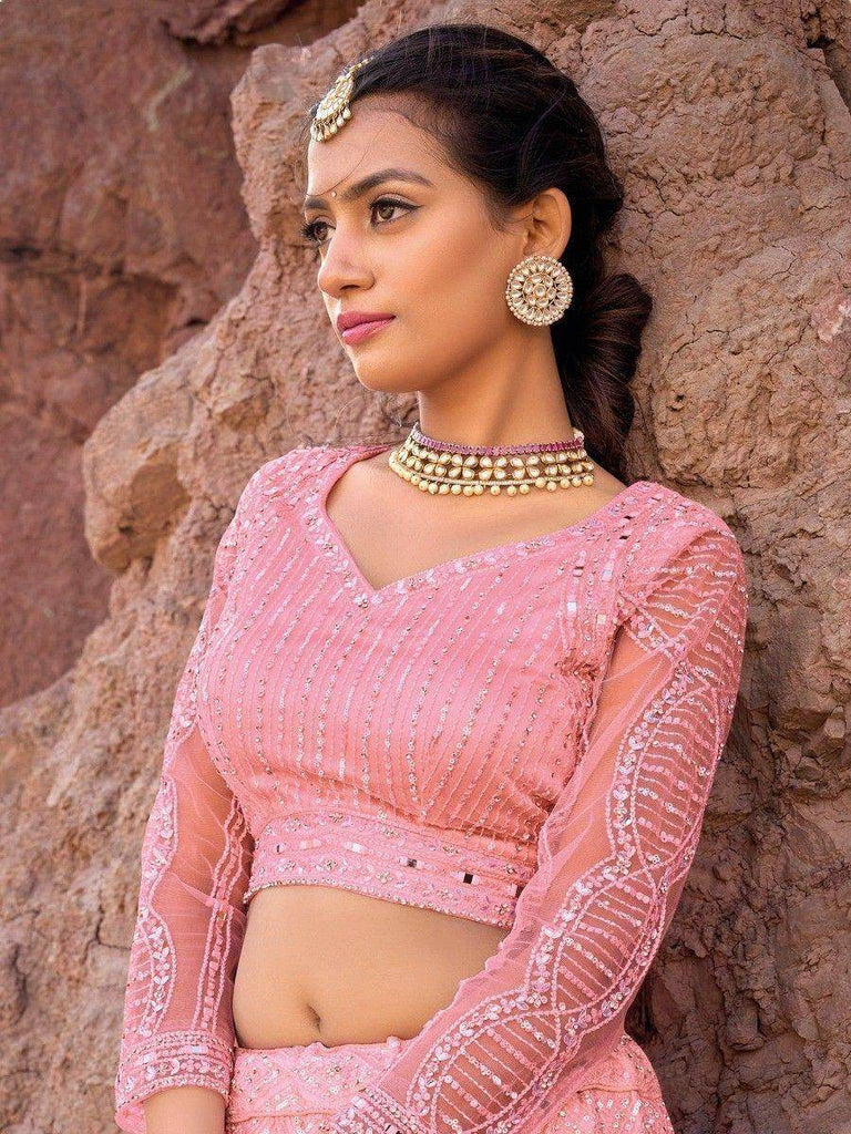 Mesmerizing Light Pink Sequins Net Bridesmaid Lehenga Choli