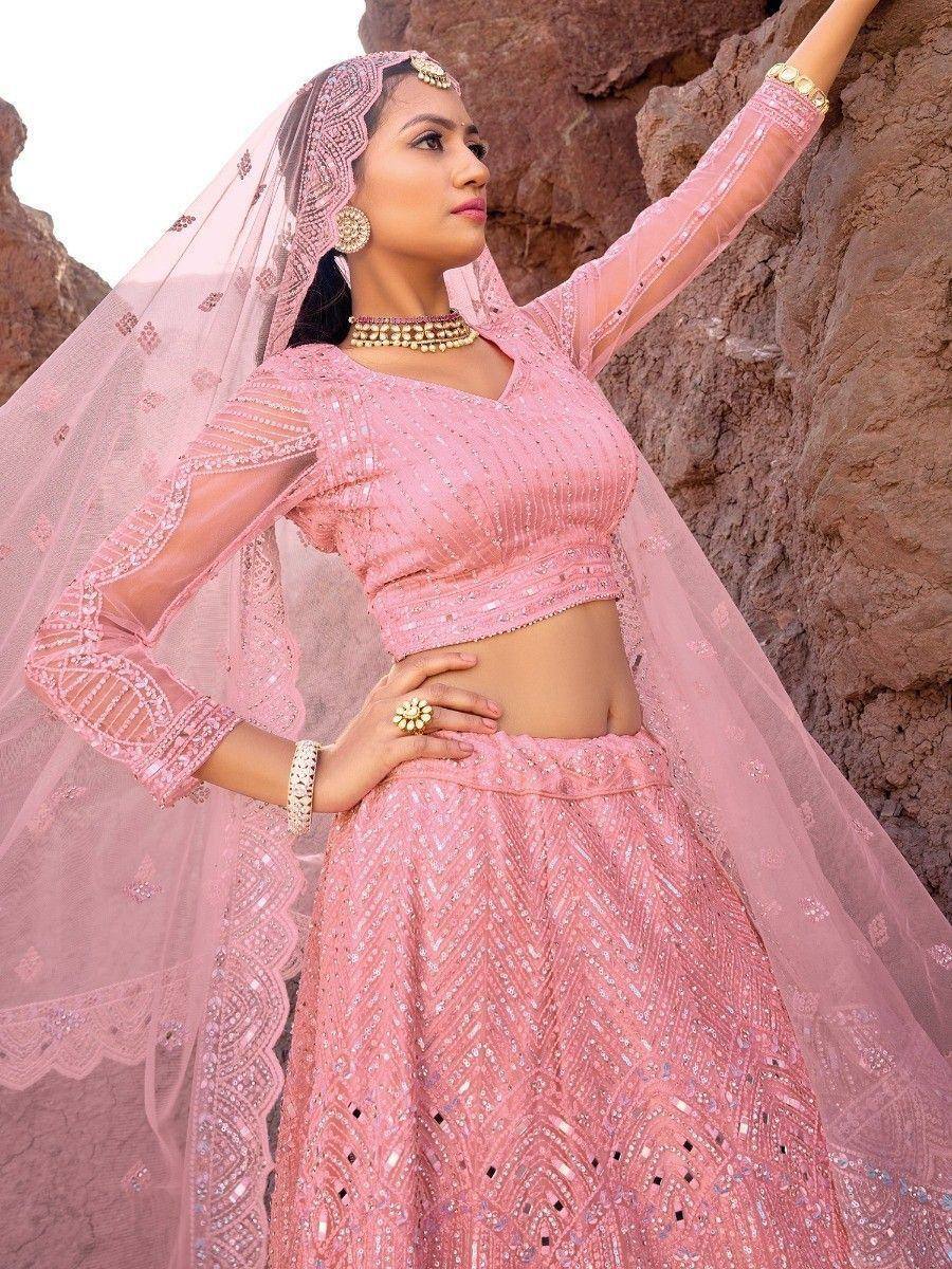 Pink sequined lehenga choli with sheer dupatta, ethnic Indian wedding wear