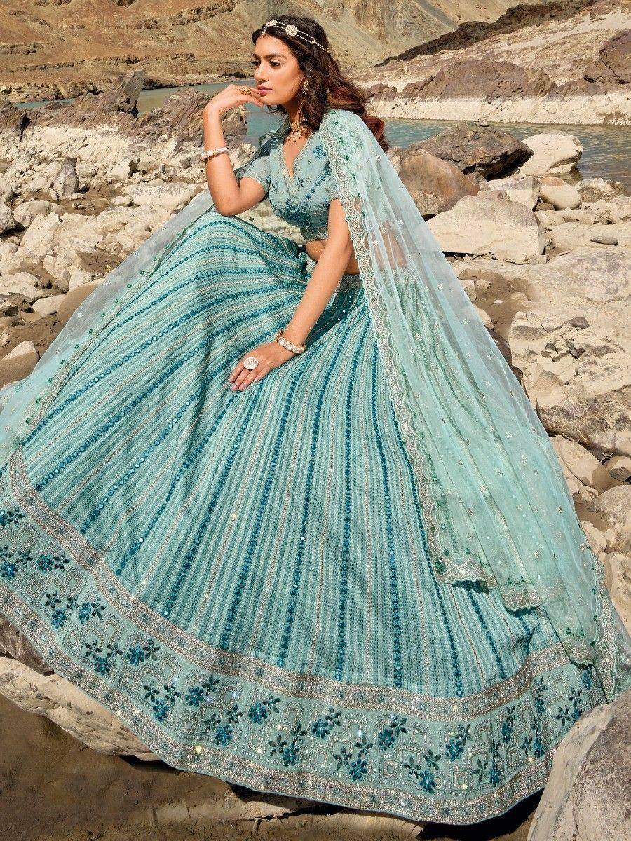 Teal designer lehenga choli with sequin embroidery, perfect for Indian ethnic wear occasions