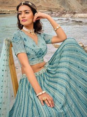 Bewitching Sky-Blue Mirror Work Georgette Wedding Lehenga Choli