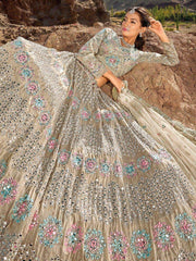 Charming Sage Brown Mirror Work Organza Lehenga Choli With Dupatta