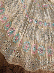 Charming Sage Brown Mirror Work Organza Lehenga Choli With Dupatta