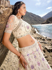 Enchanting Cream Mirror Work Net Engagement Wear Lehenga Choli