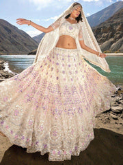 Enchanting Cream Mirror Work Net Engagement Wear Lehenga Choli