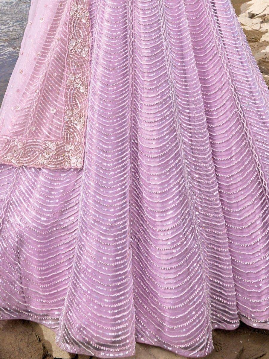Lavender designer lehenga with intricate beadwork and sequin detailing, perfect for ethnic occasions.