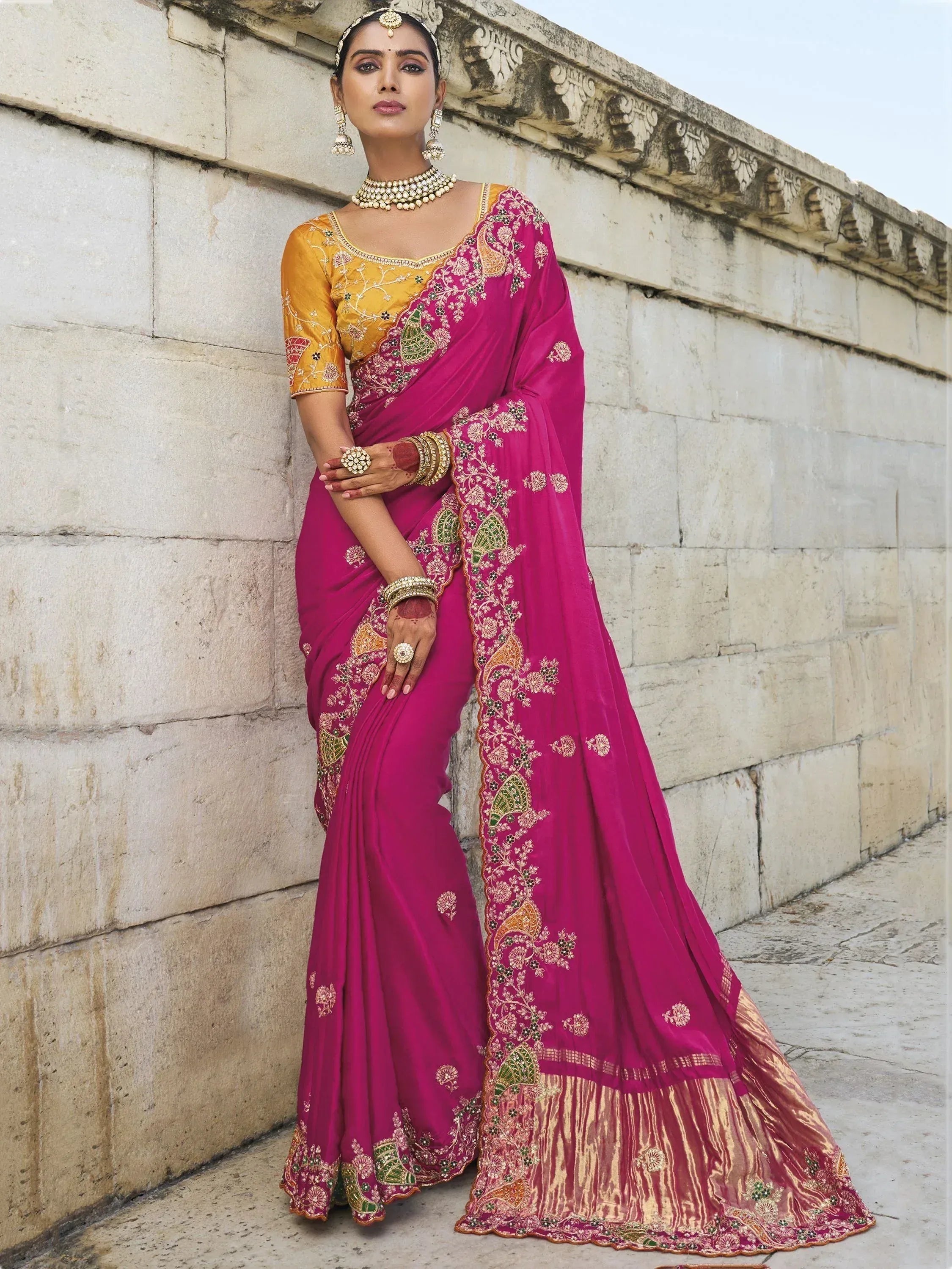 Pink embroidered saree with yellow blouse, traditional Indian ethnic wear for women