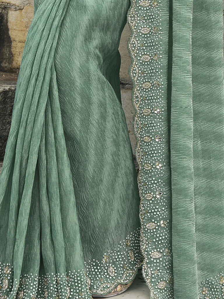 Fascinating Teal Green Jarkan Work Tissue Silk Saree With Blouse