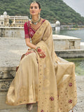 Mesmerizing Cream Moti Work Kanjivaram Saree With Bandhani Blouse