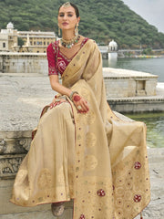 Mesmerizing Cream Moti Work Kanjivaram Saree With Bandhani Blouse