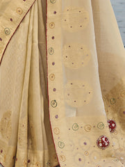 Mesmerizing Cream Moti Work Kanjivaram Saree With Bandhani Blouse