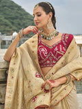 Mesmerizing Cream Moti Work Kanjivaram Saree With Bandhani Blouse