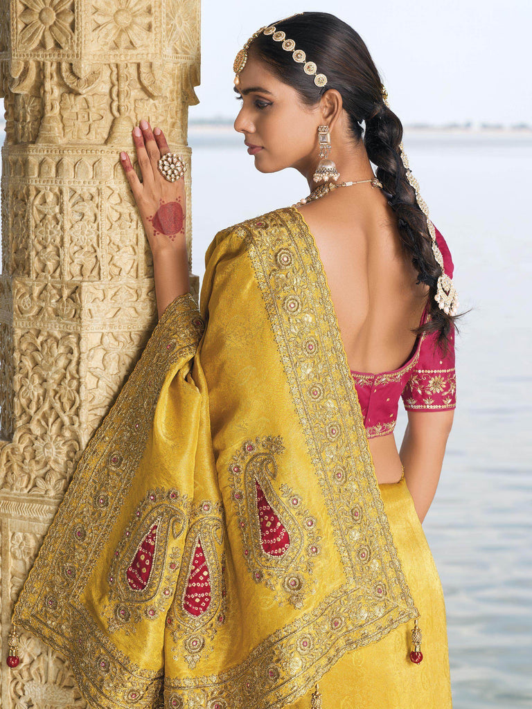 Bewitching Yellow Zardosi Work Crepe Haldi Wear Saree With Blouse