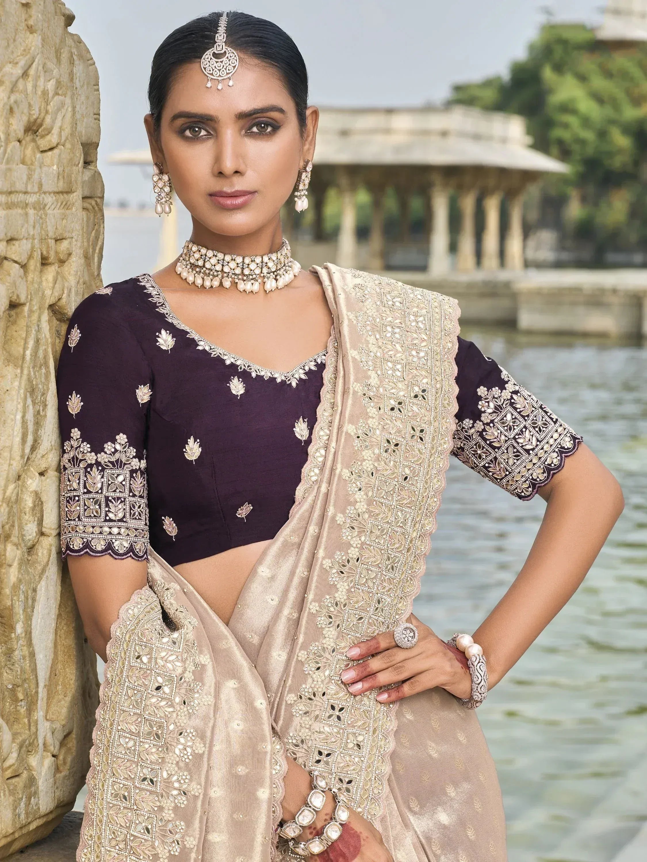 Elegant Indian ethnic wear: purple embroidered blouse with beige saree, perfect for weddings or festivals.