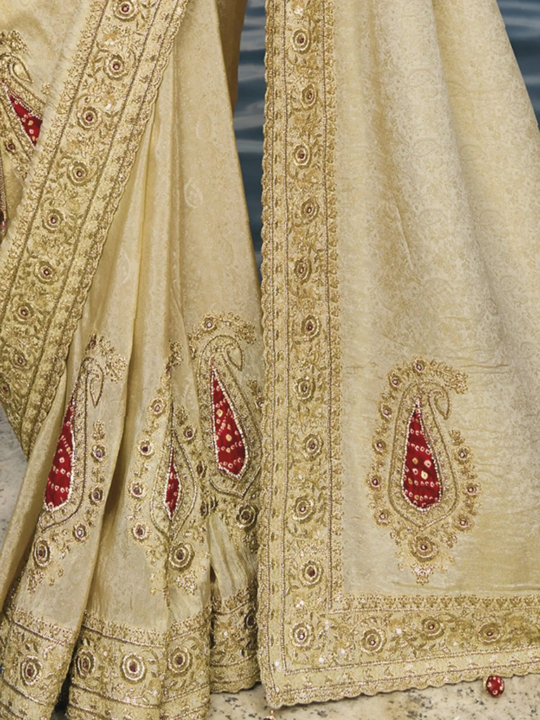 Stunning Off-White Zardosi Work Crepe Traditional Saree With Blouse