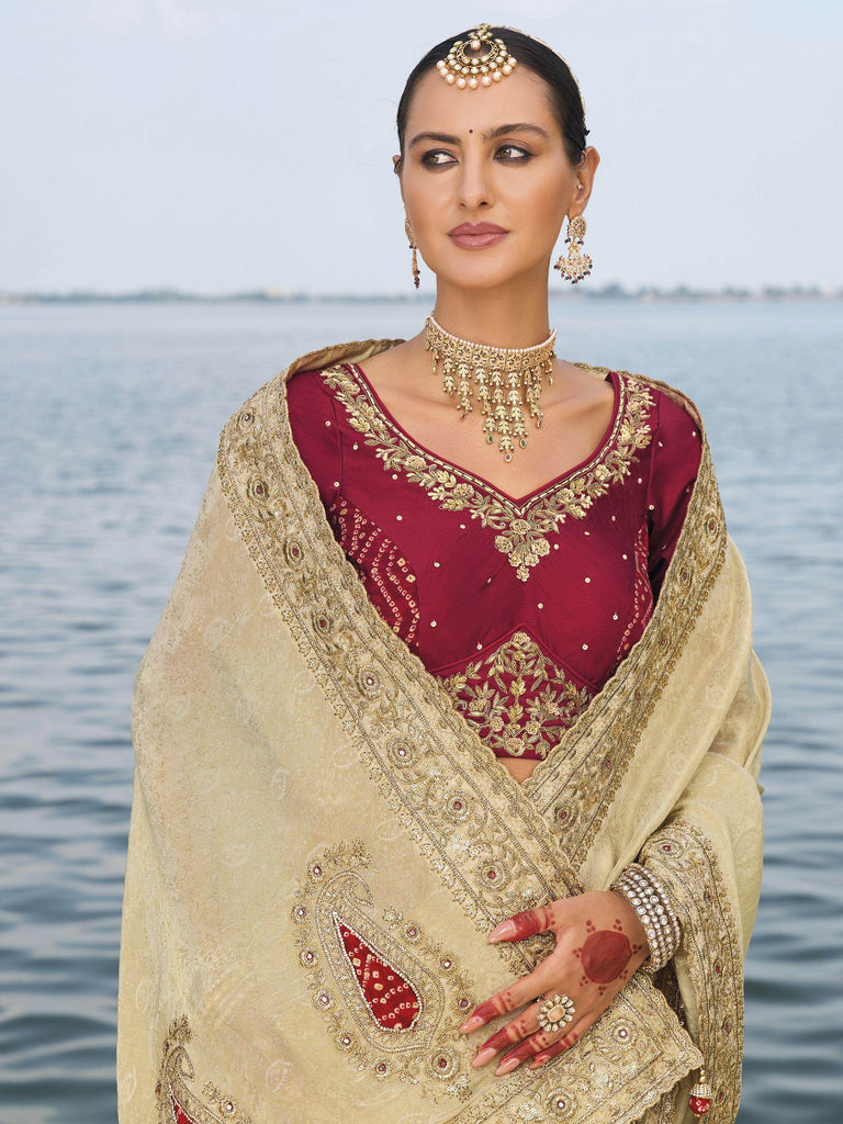 Stunning Off-White Zardosi Work Crepe Traditional Saree With Blouse