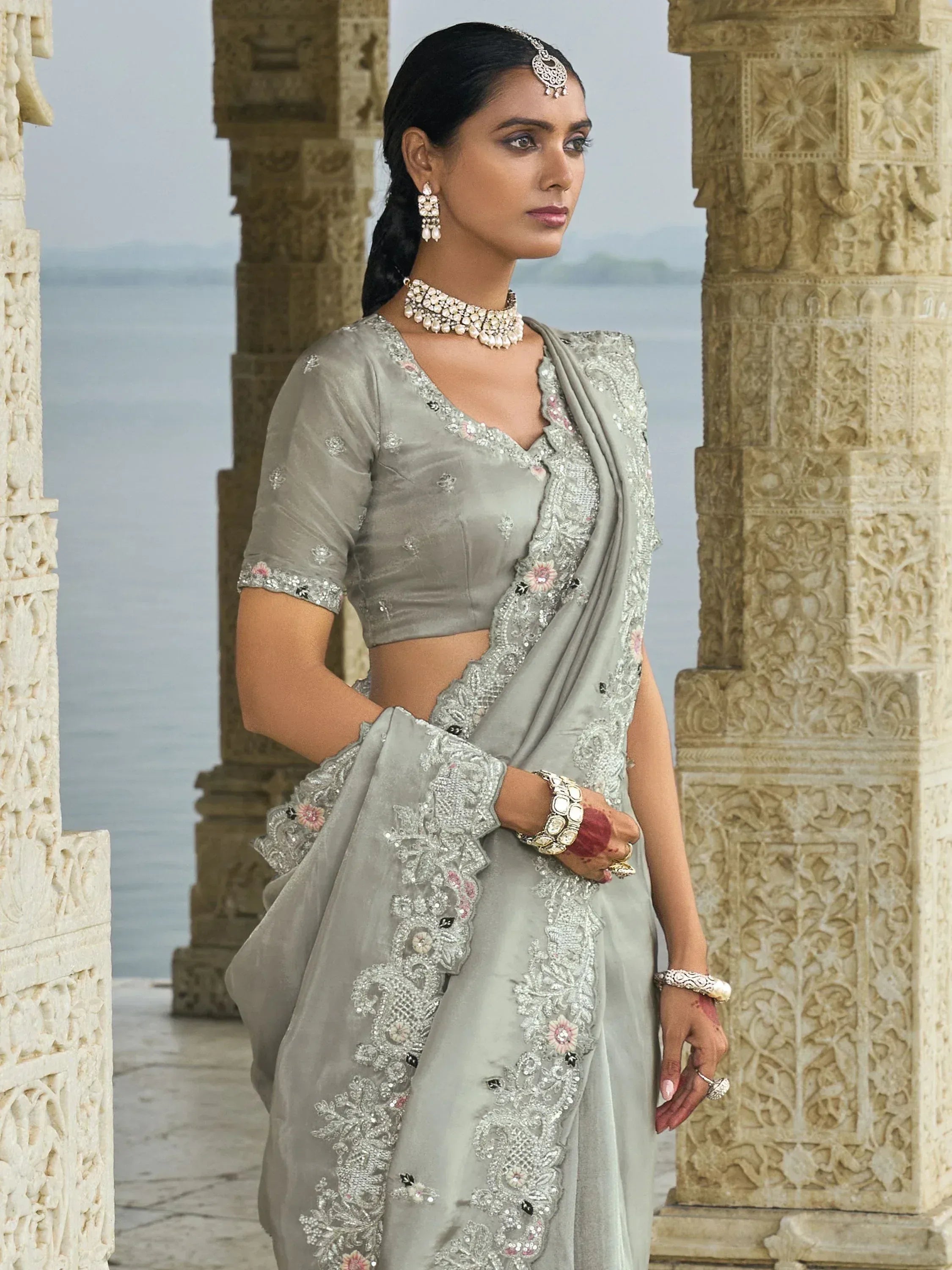 Grey embroidered saree with blouse, traditional Indian ethnic wear, perfect for weddings and festivals