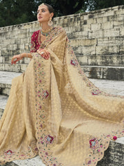 Glamorous Cream Jarkan Work Kanjivaram Festival Wear Saree