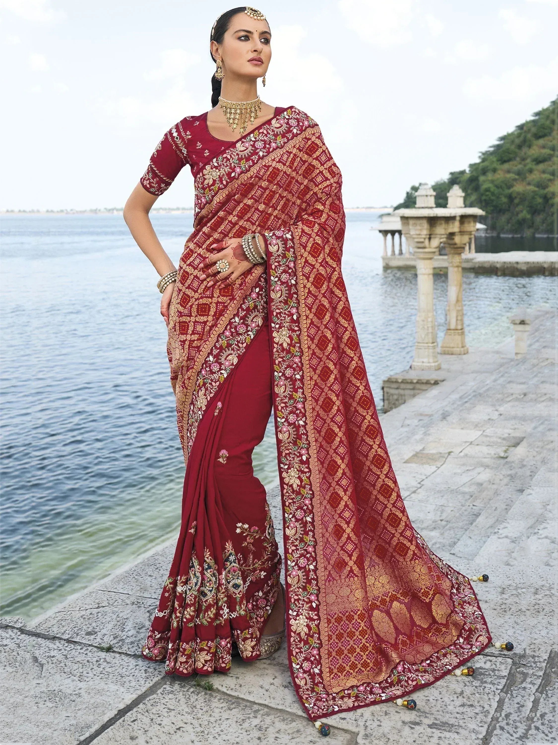 Elegant maroon embroidered saree with floral motifs, perfect for Indian ethnic wear occasions