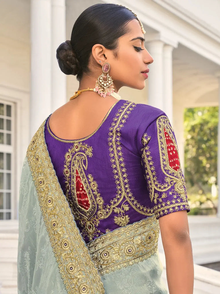 Stunning Grey & Blue Jarkan Work Jacquard Wedding Saree With Blouse