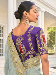 Stunning Grey & Blue Jarkan Work Jacquard Wedding Saree With Blouse