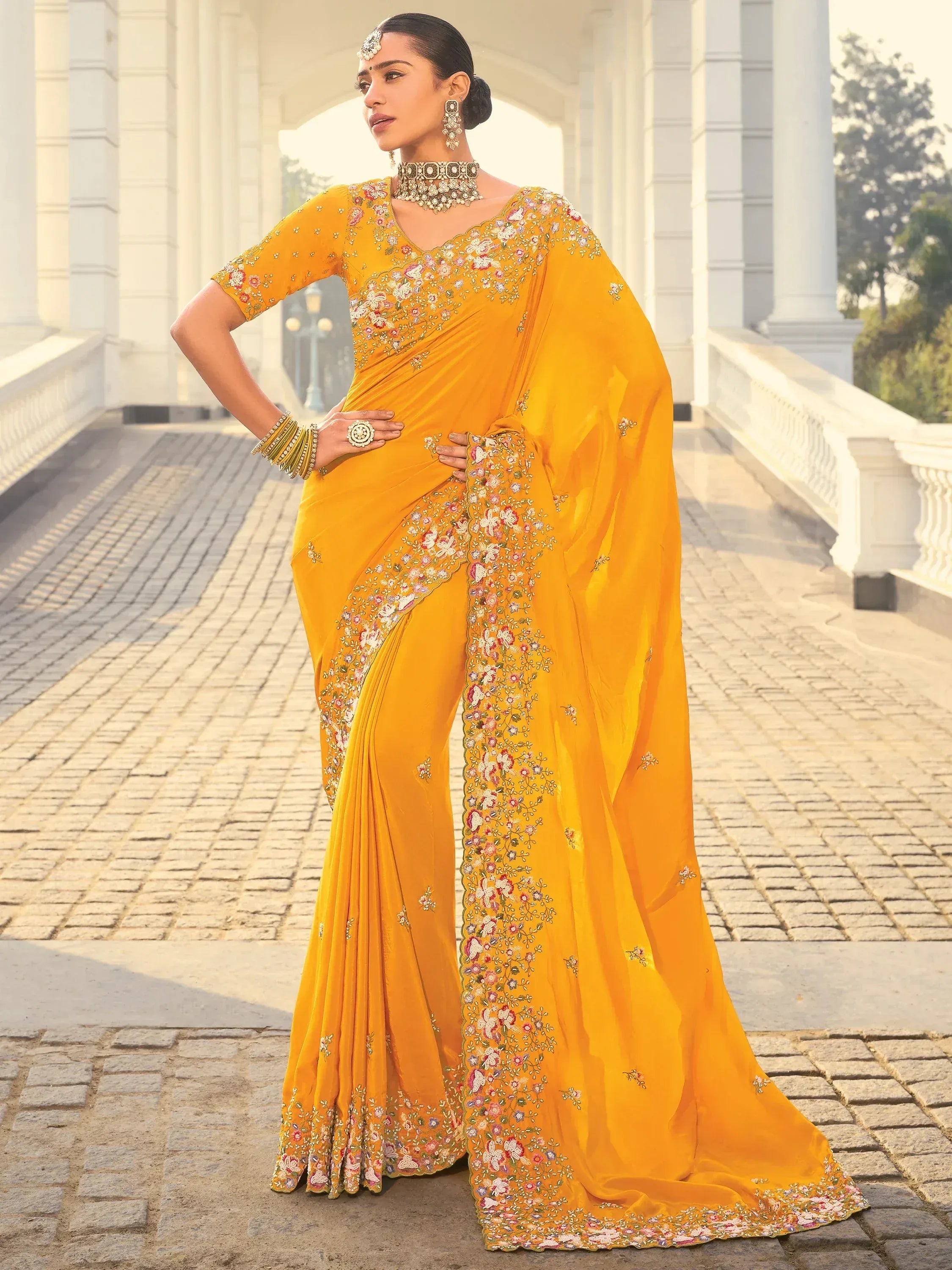 Yellow floral embroidered saree with designer blouse, perfect for Indian ethnic occasions