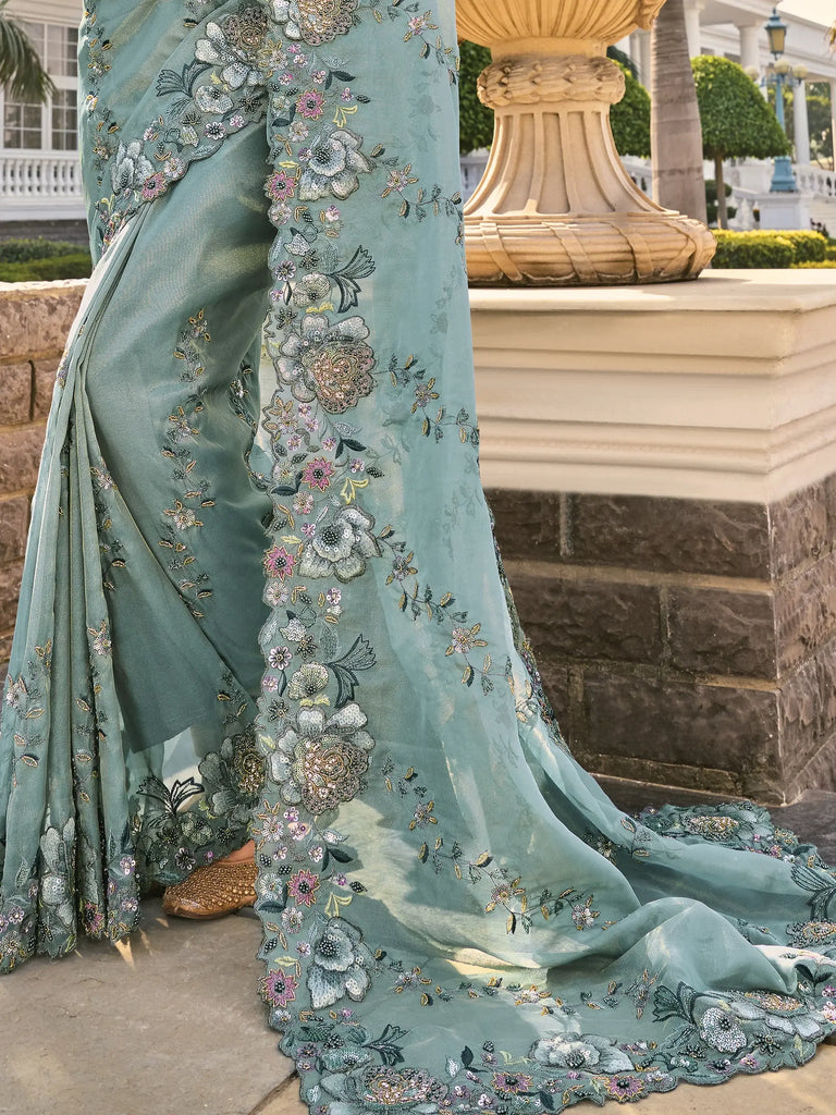 Stunning Sea Green Sequins Organza Engagement Wear Saree