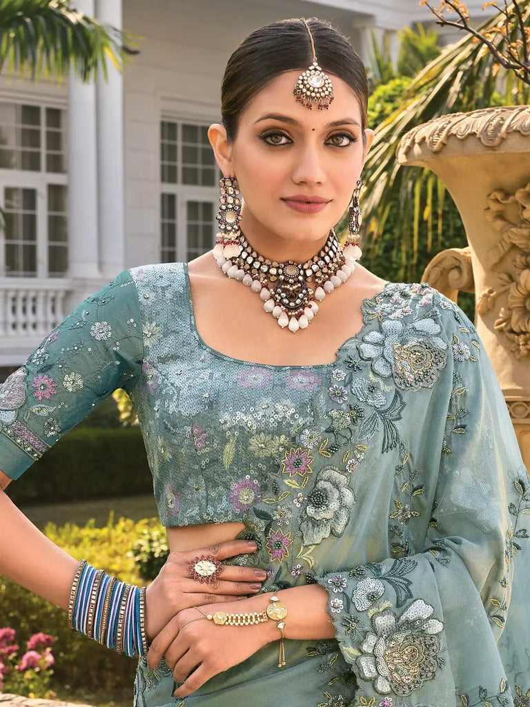 Stunning Sea Green Sequins Organza Engagement Wear Saree