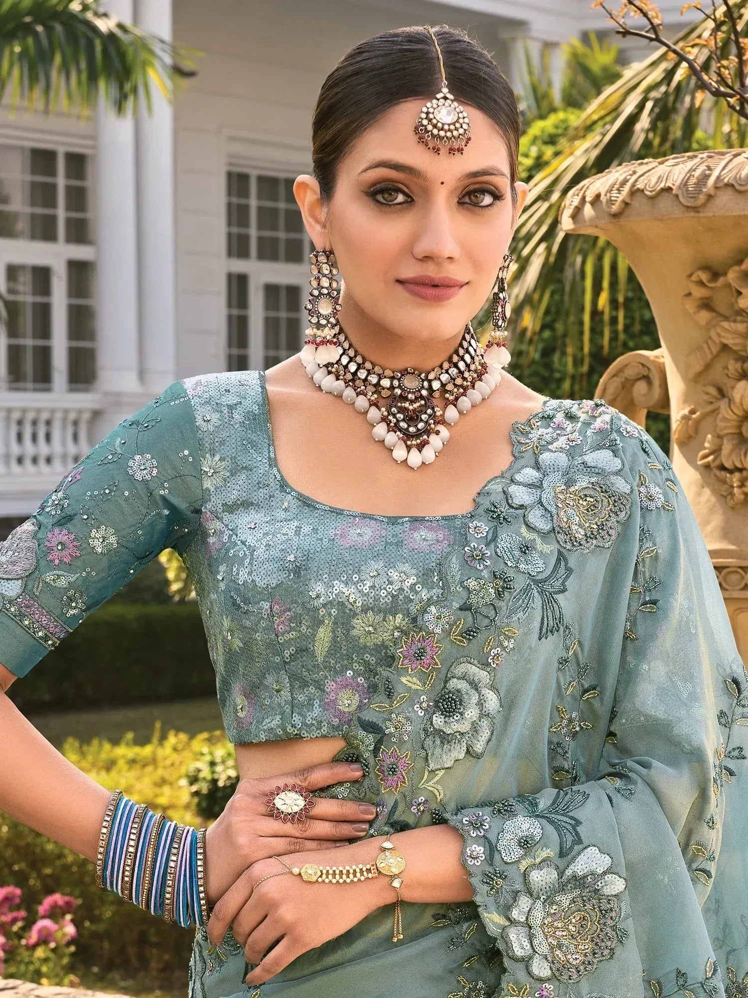 Stunning Sea Green Sequins Organza Engagement Wear Saree