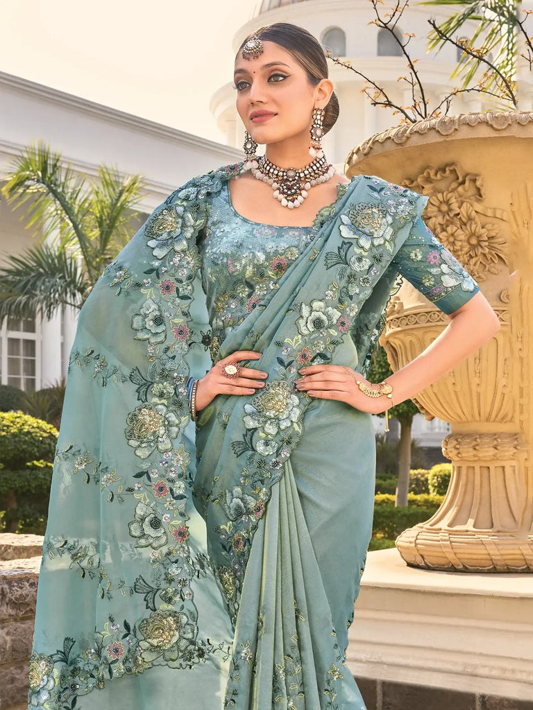 Stunning Sea Green Sequins Organza Engagement Wear Saree