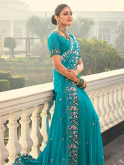 Attractive Firozi Heavy Border Work Crepe Saree With Blouse