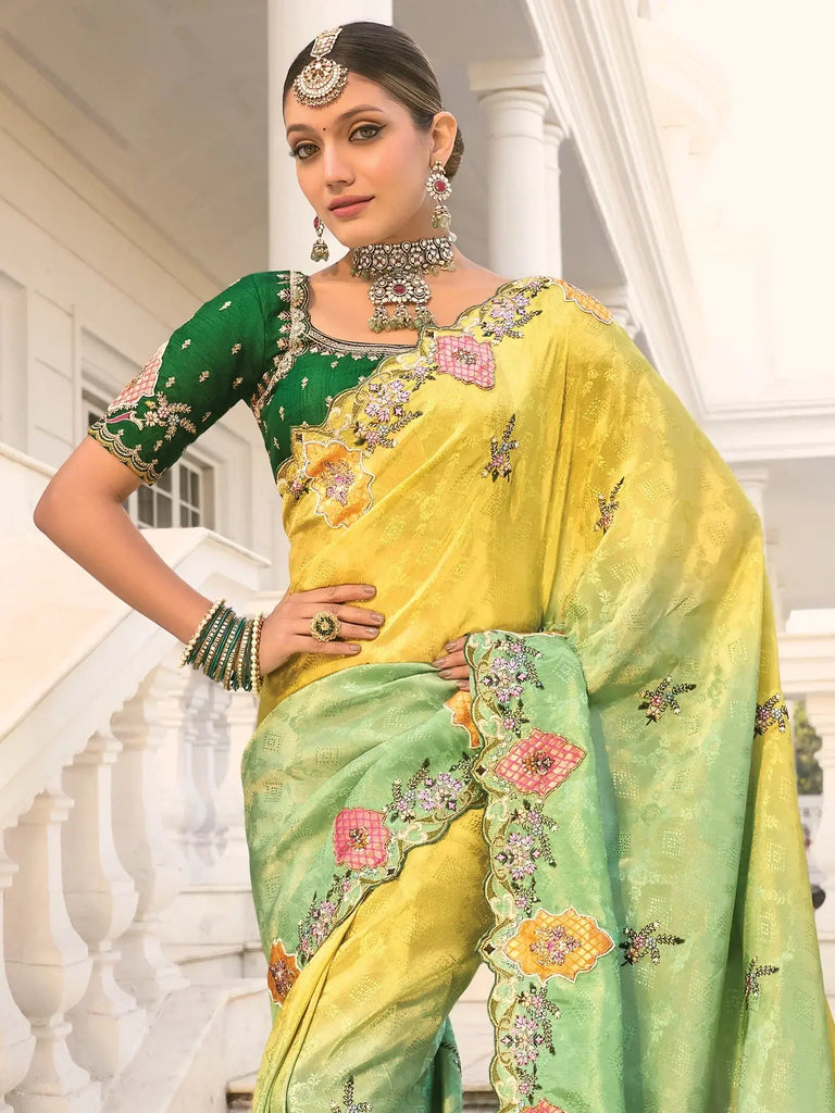 Fascinating Green Thread Work Jacquard Engagement Wear Saree