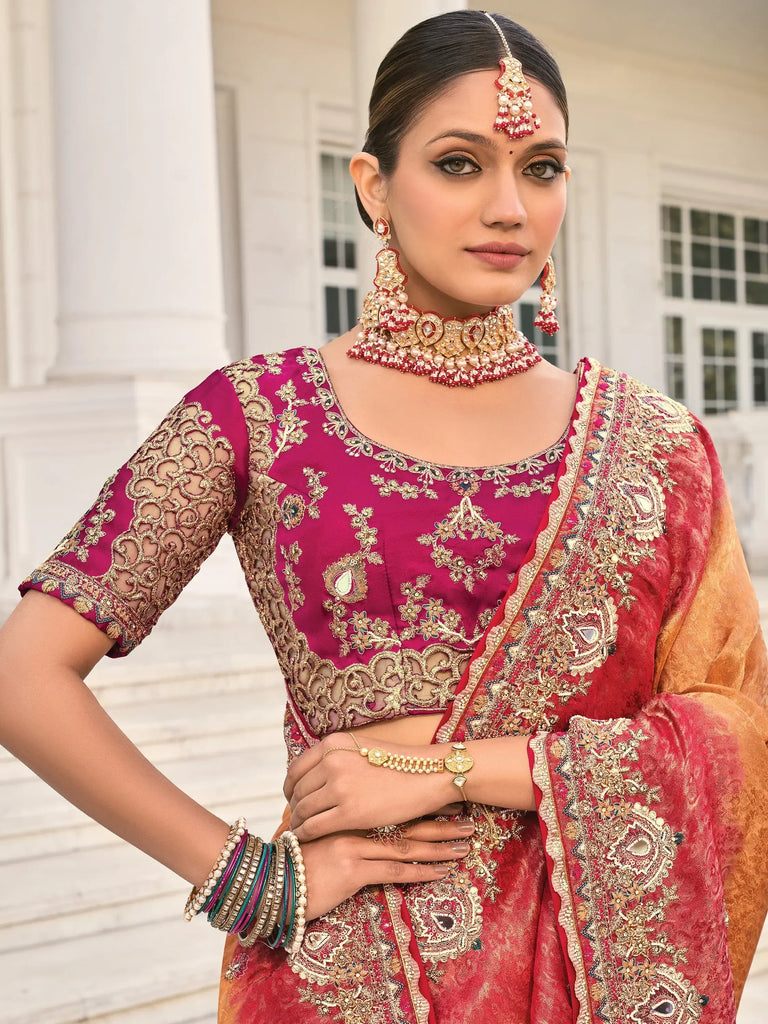 Fascinating Peach Heavy Border Work Crepe Wedding Wear Saree
