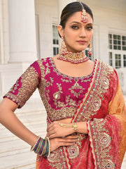 Fascinating Peach Heavy Border Work Crepe Wedding Wear Saree