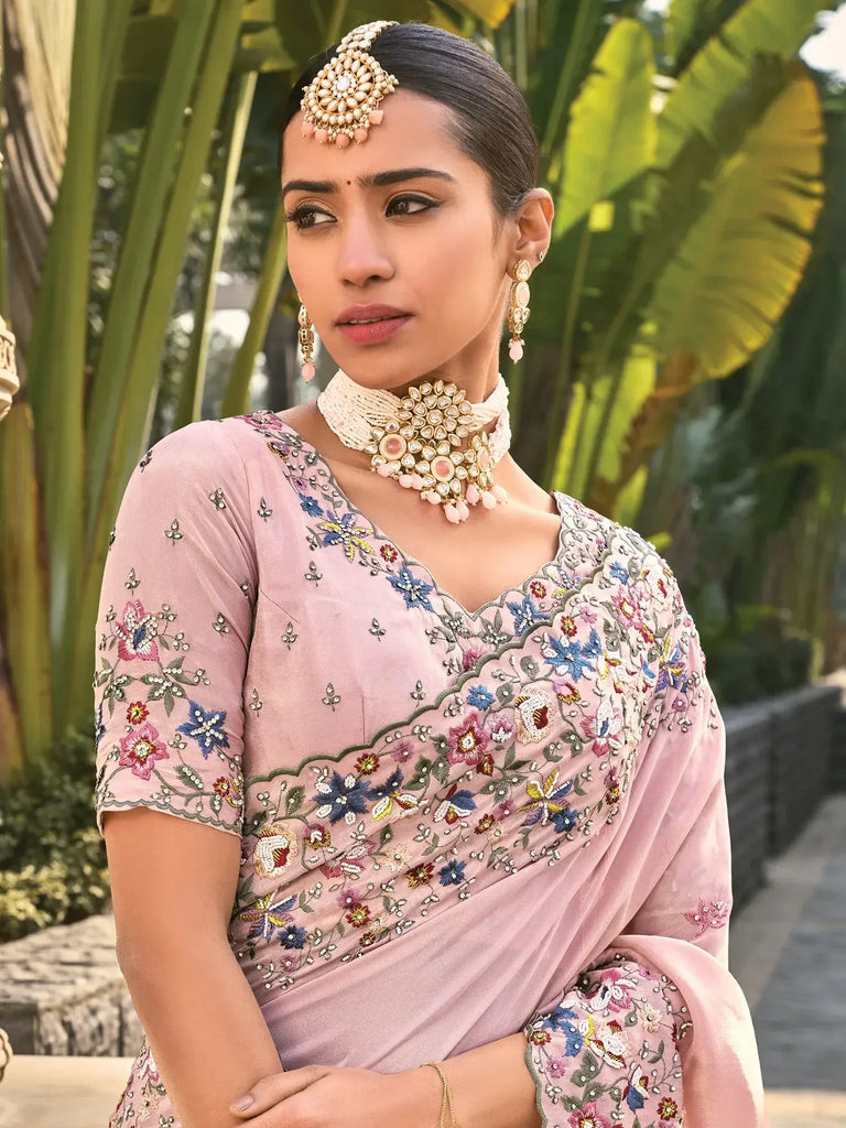 Glamorous Pink Thread Work Banarasi Silk Traditional Saree With Blouse