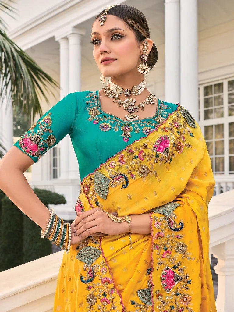 Beautiful Yellow Heavy Border Work Crepe Wedding Saree With Blouse