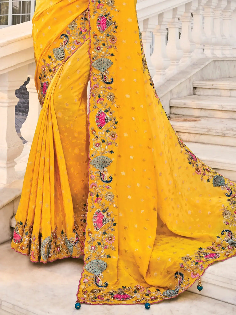 Beautiful Yellow Heavy Border Work Crepe Wedding Saree With Blouse