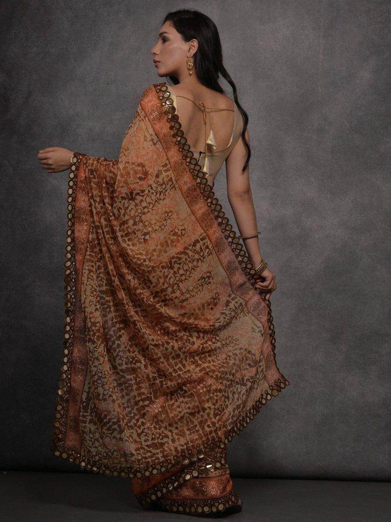 Dazzling Brown Digital Printed Georgette Event Wear Saree With Blouse